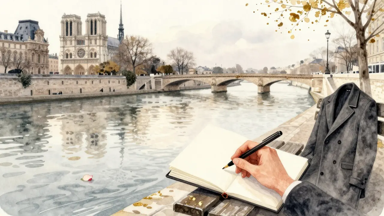 Hand holding sketchbook on Seine bank at dawn, reflections of Paris rippling in water, rose petal drifting nearby.