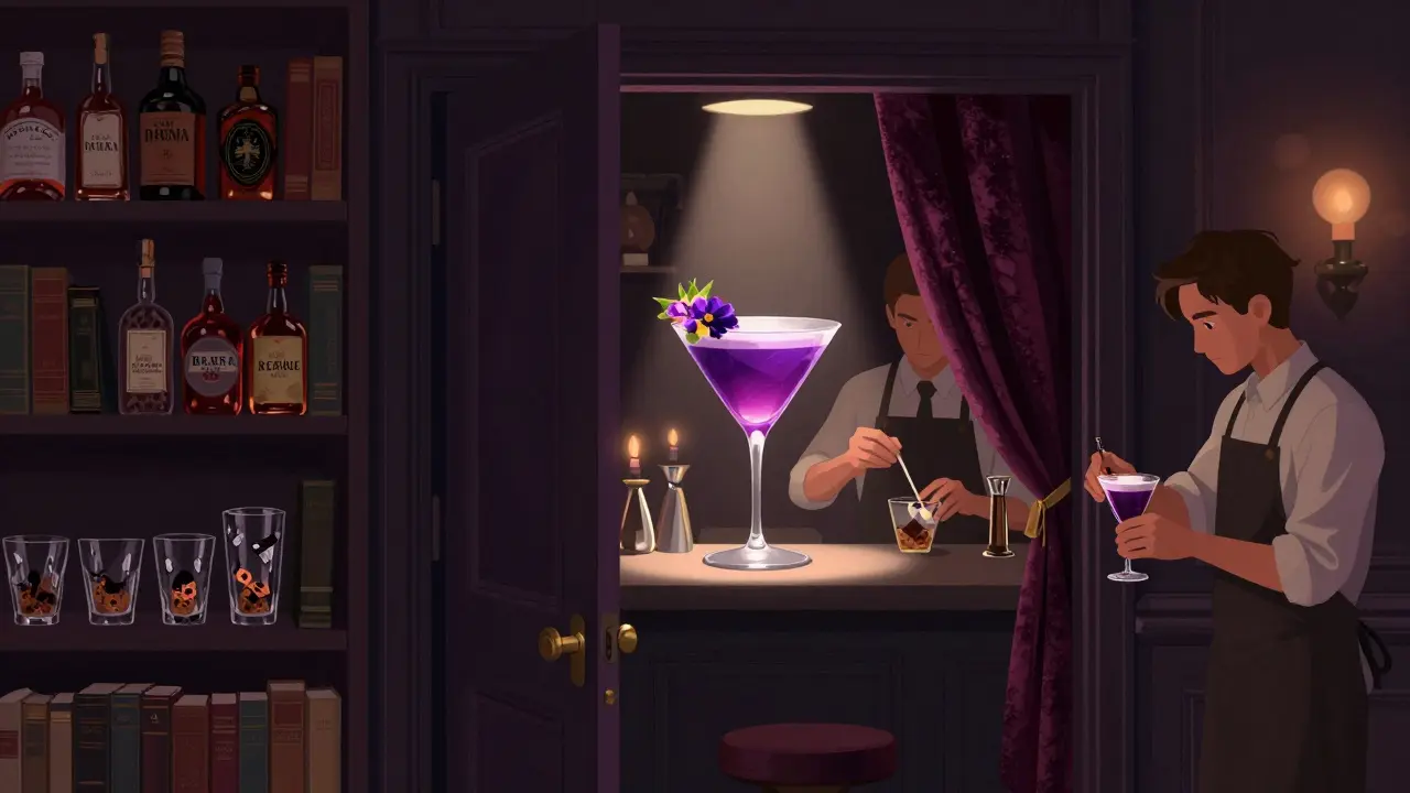 Hidden cocktail bar with mixologist crafting a violet drink under soft candlelight.