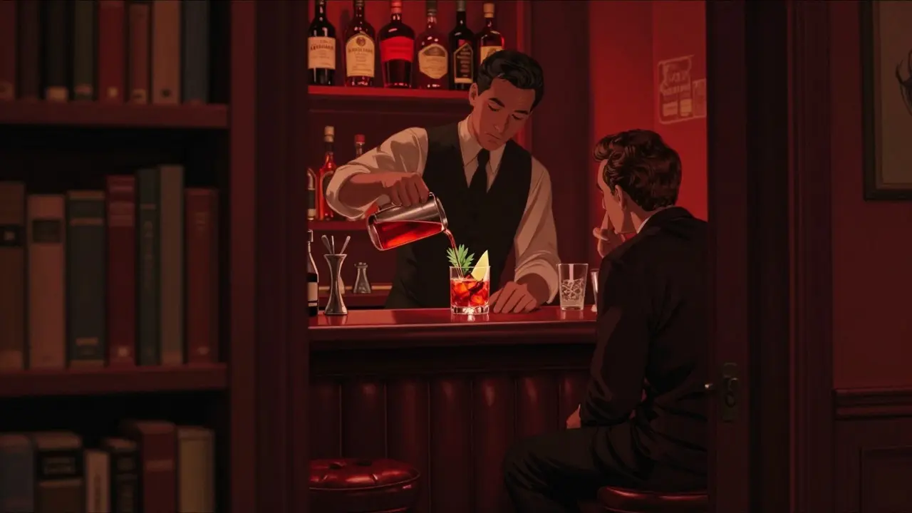 Hidden speakeasy bar with red lighting and leather booths, bartender pouring a classic cocktail in a quiet, bookshelf-hidden room.