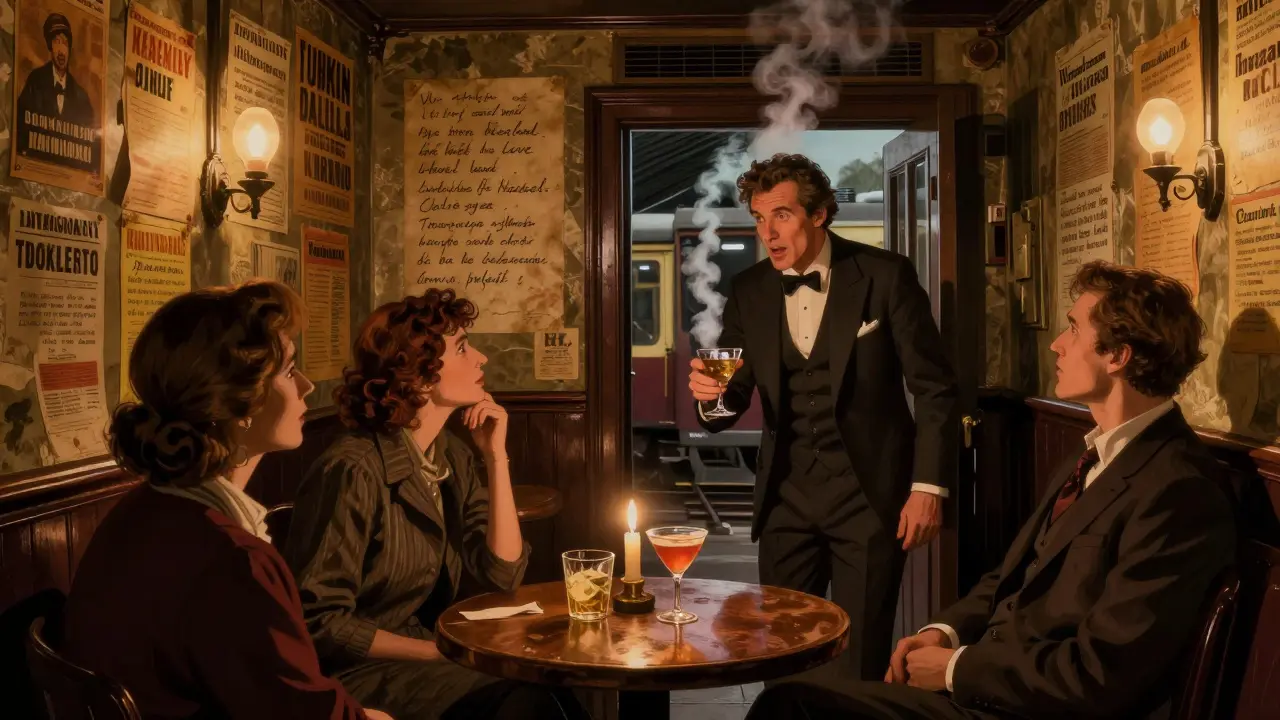 Hidden underground bar beneath Waterloo Station with vintage playbills on walls and patrons sharing cocktails in candlelight.