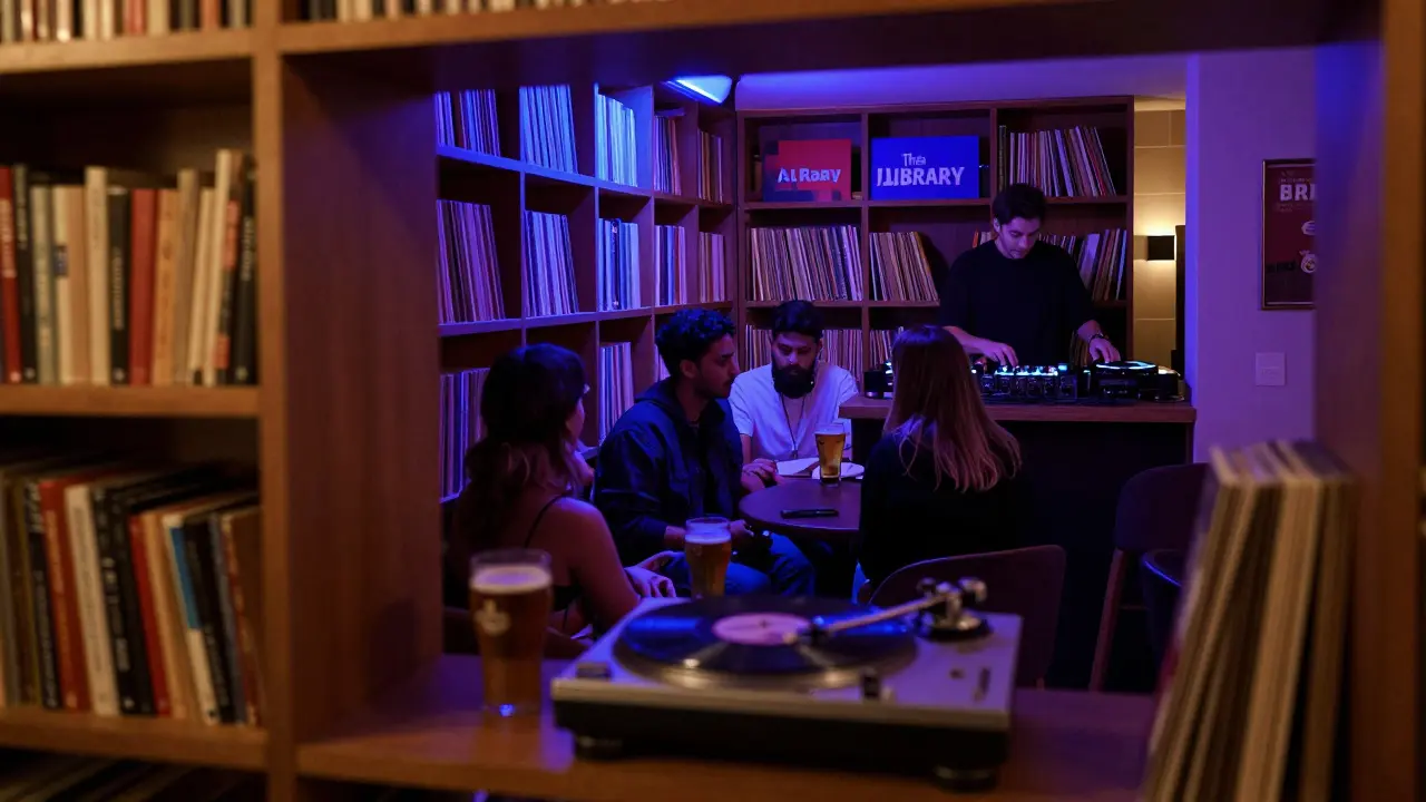 Hidden underground bar with vinyl records, bookshelves, and patrons in dim blue lighting.