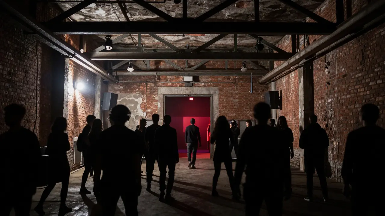 Industrial underground club with pulsing lights and silhouetted dancers, raw and immersive nightlife atmosphere.