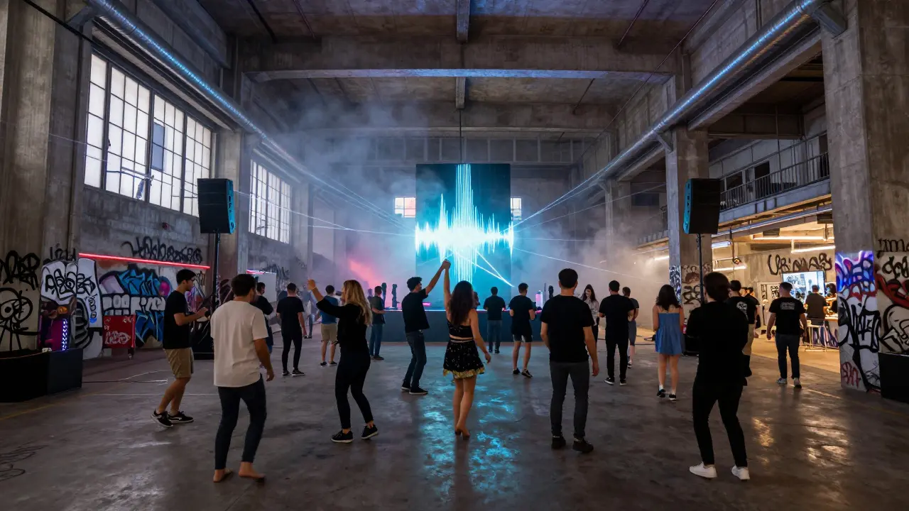 Industrial warehouse club filled with dancers under pulsing lights and art installations in Milan.