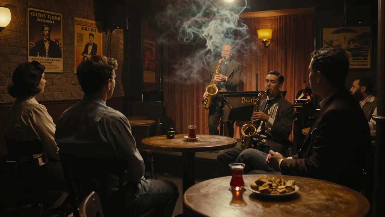 Intimate jazz performance at Nardis Club with smoke, dim lighting, and attentive listeners.