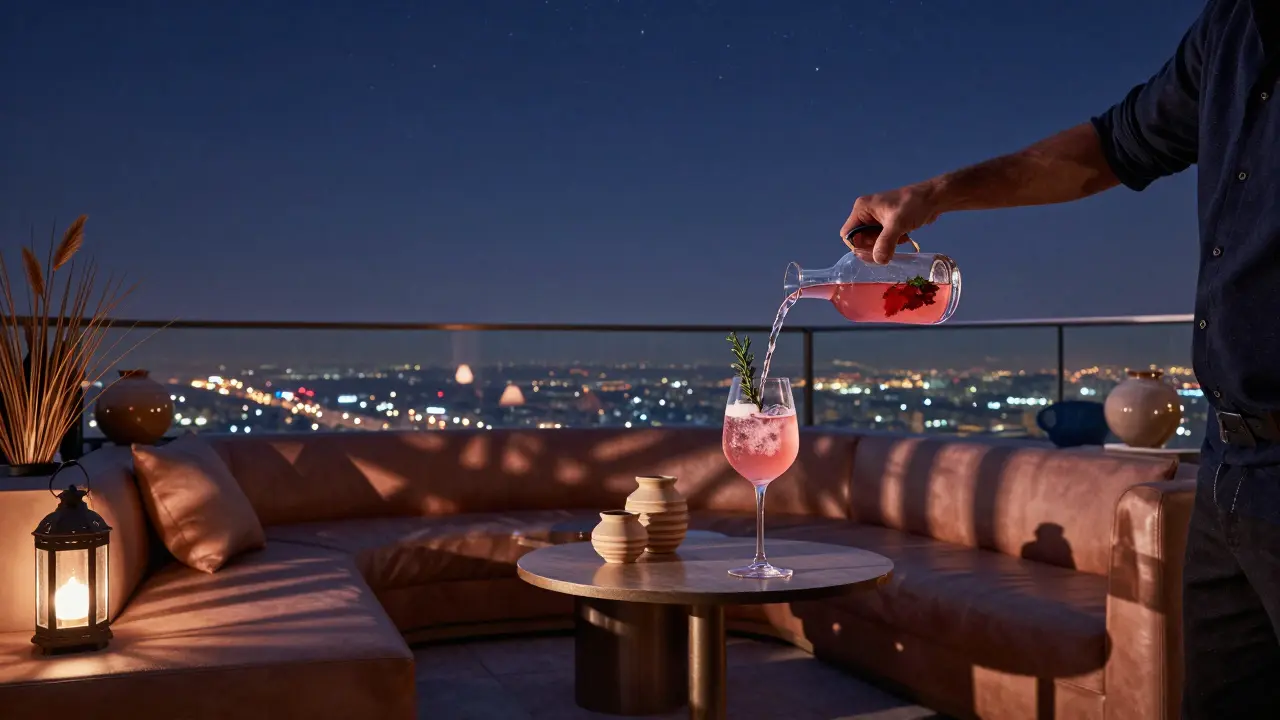 Intimate rooftop lounge with lanterns and a bartender serving a desert-inspired cocktail.