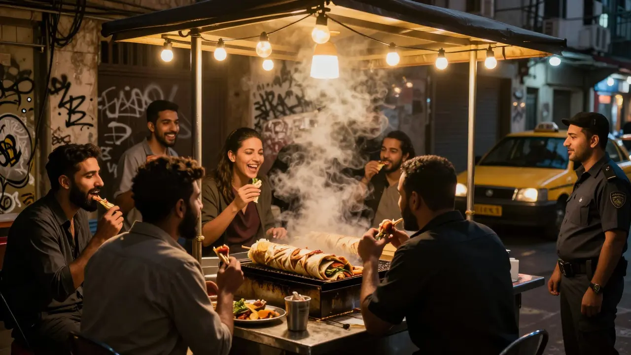 Late-night shawarma stand with customers eating under string lights at 3 a.m.