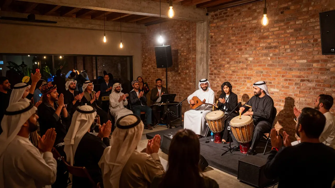 Live music performance in a warehouse with a band playing traditional instruments, crowd listening quietly.