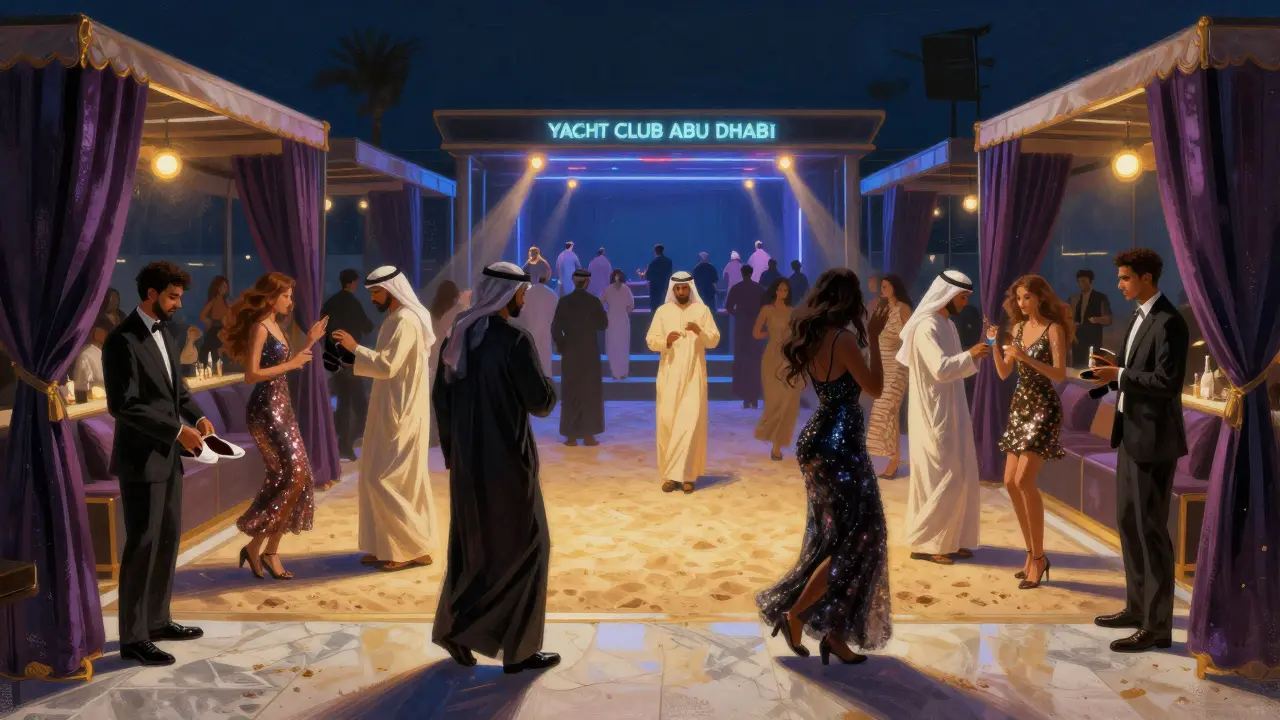 Lively nightclub with diverse crowd dancing under neon lights, people changing shoes at entrance.