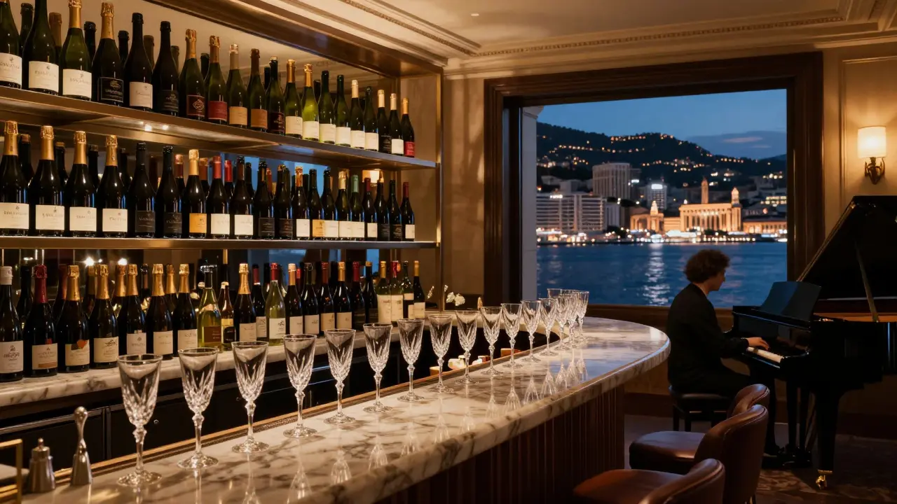 Luxurious champagne bar interior with crystal glasses and rare bottles, lit by soft light beside a window overlooking Monte Carlo.