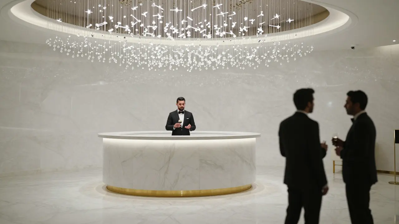 Luxurious white marble club interior with crystal chandeliers and a private VIP booth, exuding hushed sophistication.
