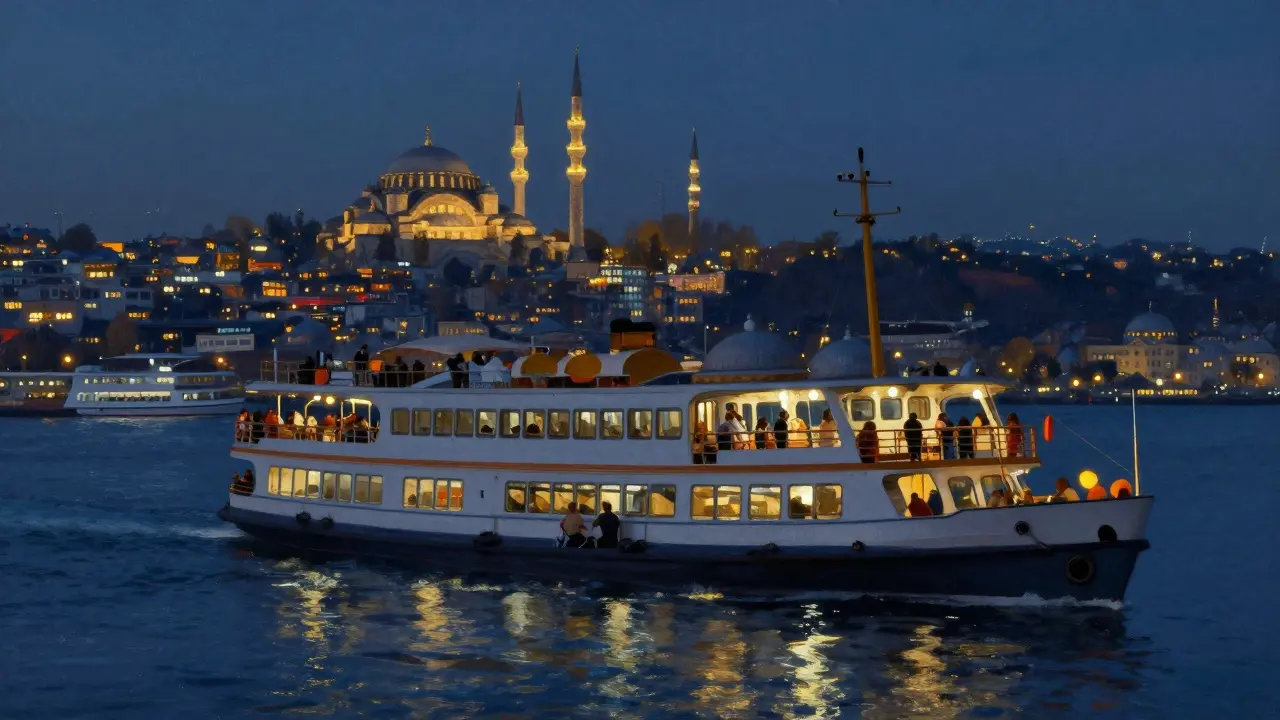 Night ferry crossing the Bosphorus with Istanbul’s lit skyline reflecting on the water.