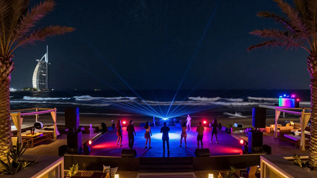 Nighttime beach club with dancers under neon lights and laser beams beside the ocean.