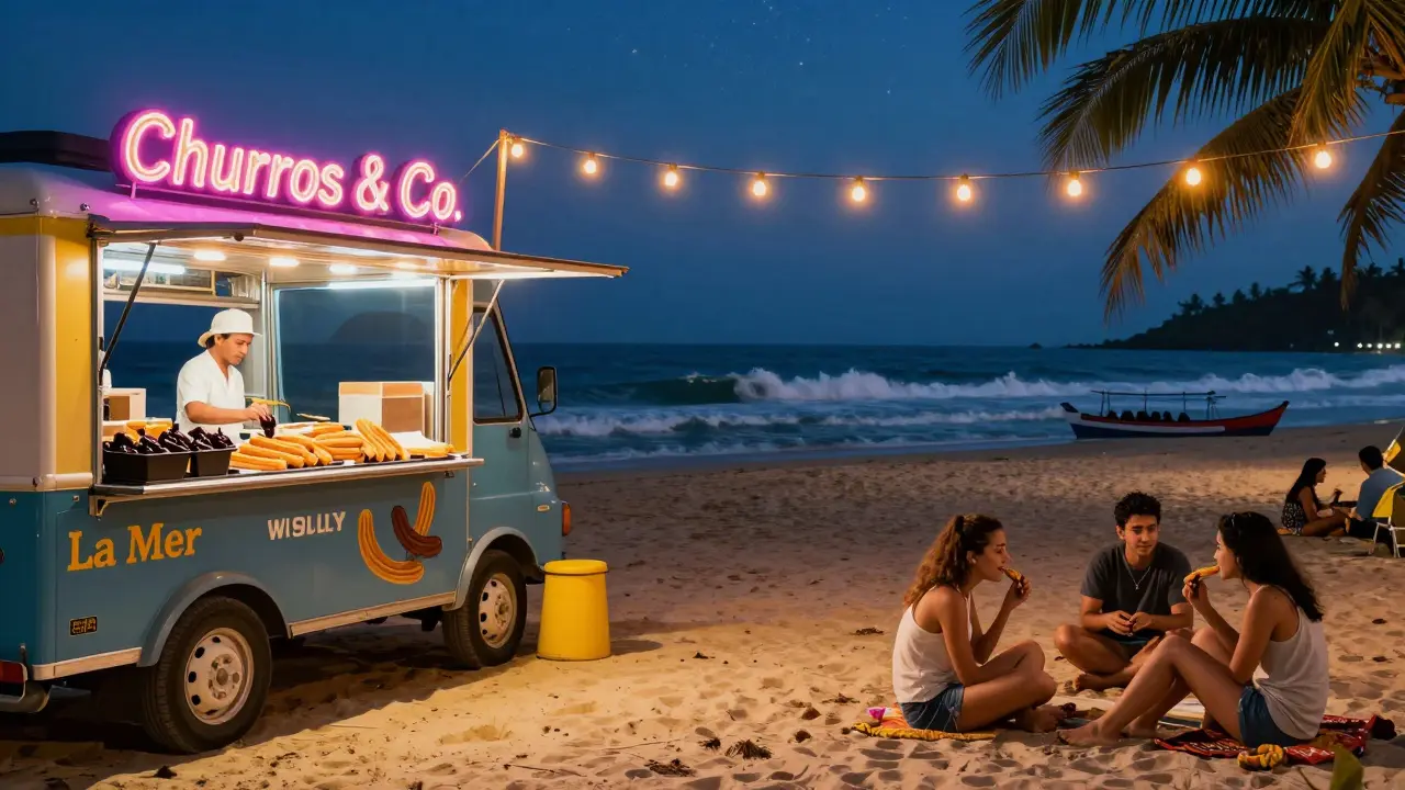 Patrons enjoying fresh churros on sandy beach at La Mer under starry skies, food truck glowing softly.