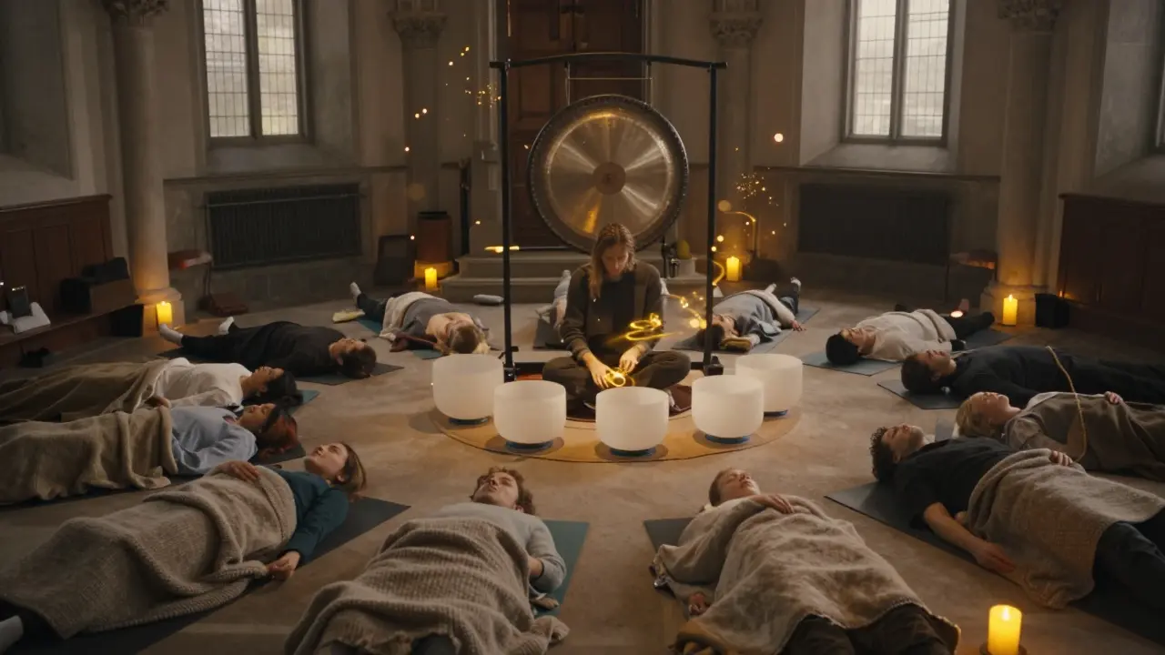 People lying peacefully on mats in a candlelit chapel during a sound bath with crystal bowls nearby.