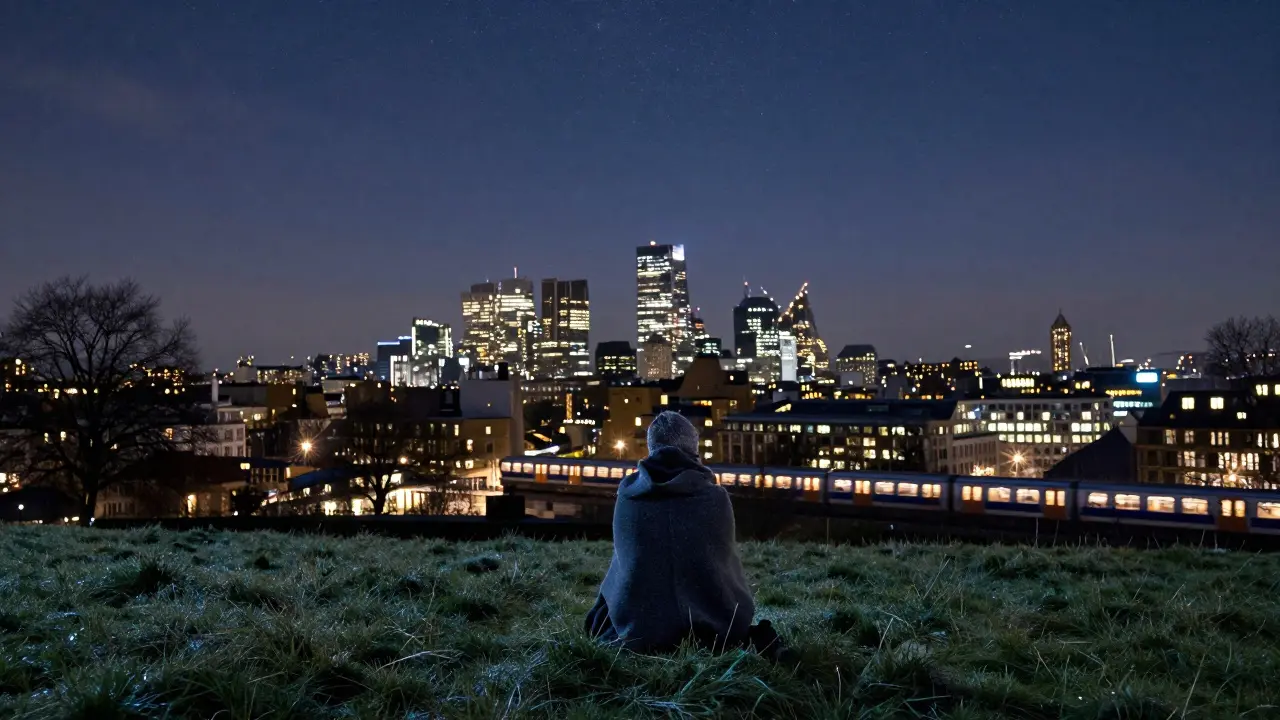 Person stargazing on Primrose Hill with London’s skyline glowing softly in the distance at midnight.