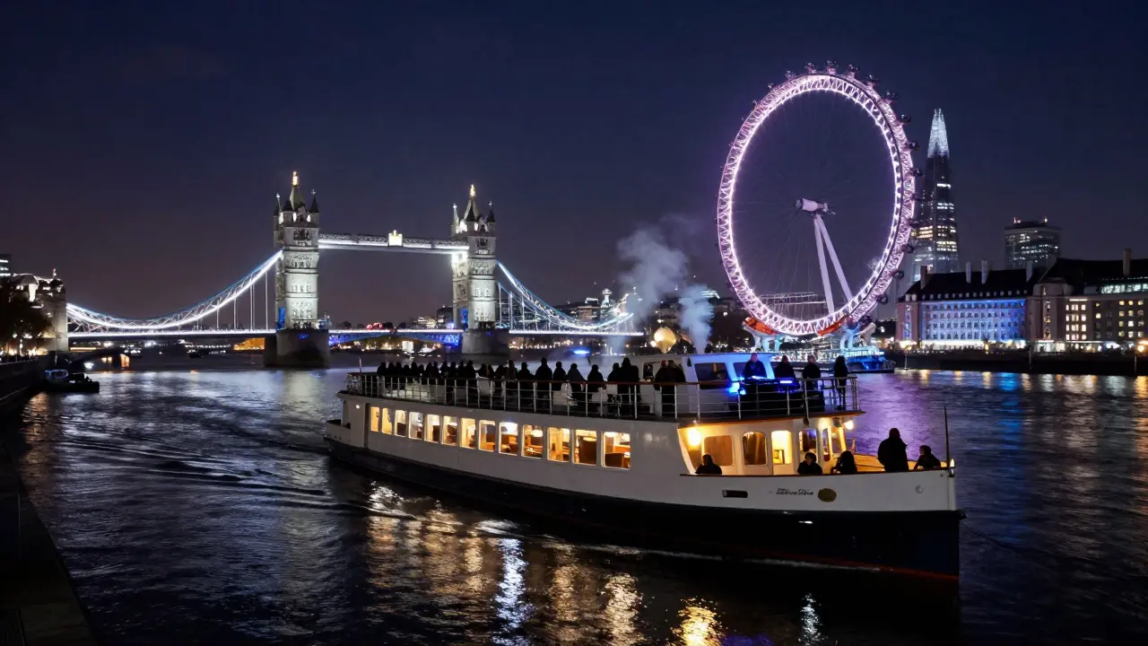 Riverboat cruising past London landmarks at night, DJ on deck, lights reflected on dark water.