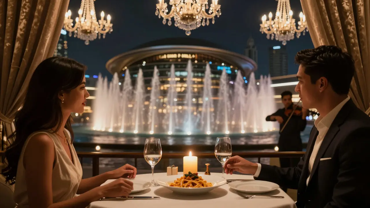 Romantic candlelit dinner at La Perla with the Dubai Fountain dancing in the background.