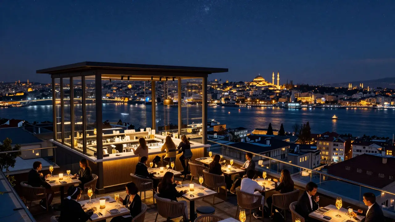 Rooftop bar overlooking Istanbul at night with city lights reflecting on the Bosphorus.