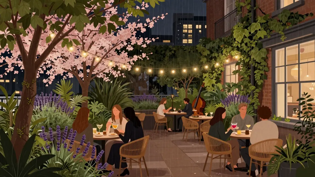 Rooftop garden at 100 Liverpool Street with plants, string lights, and people enjoying quiet evening drinks.