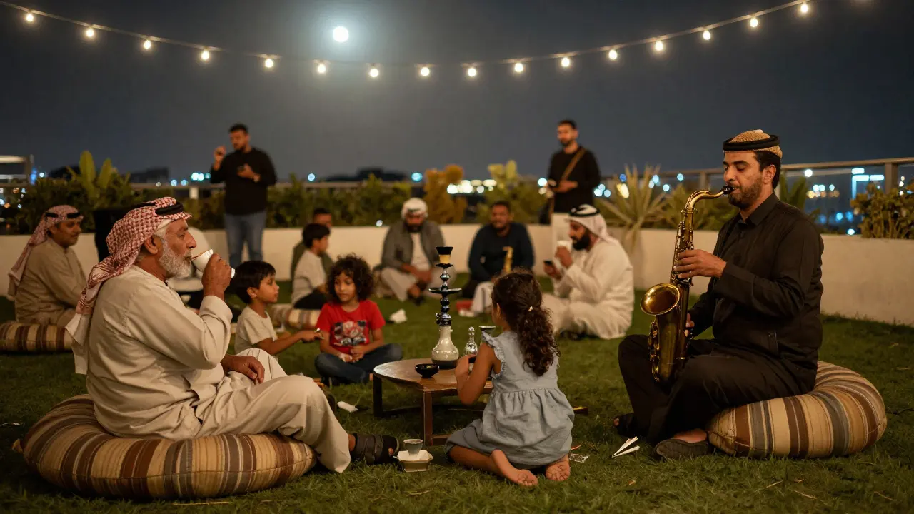 Rooftop jazz night under moonlight, people relaxing on lawn with coffee and shisha.