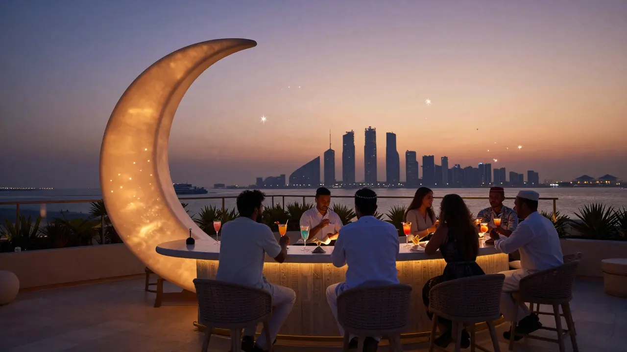 Rooftop lounge at sunset with crescent moon bar and glowing desert-inspired lighting.