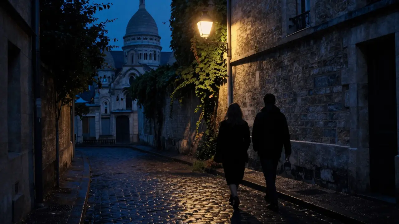 Silhouettes of two people strolling a quiet Montmartre alley under a streetlamp after rain.