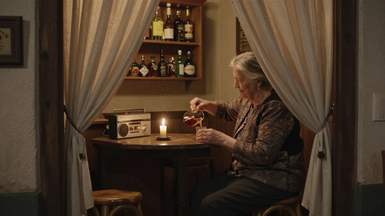 Small hidden bar with an elderly woman serving homemade liqueur by candlelight.