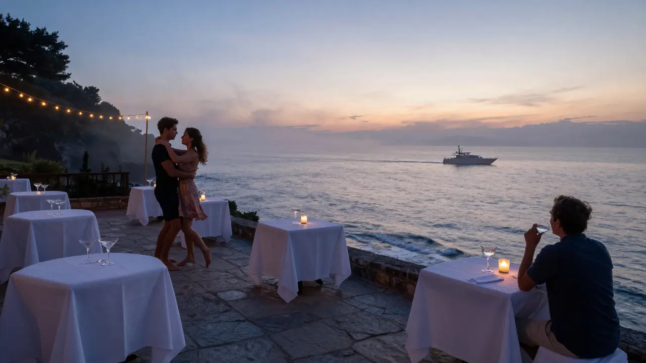 Sunrise at Blue Bay terrace with empty tables, string lights, and calm sea as dawn breaks over the Mediterranean.