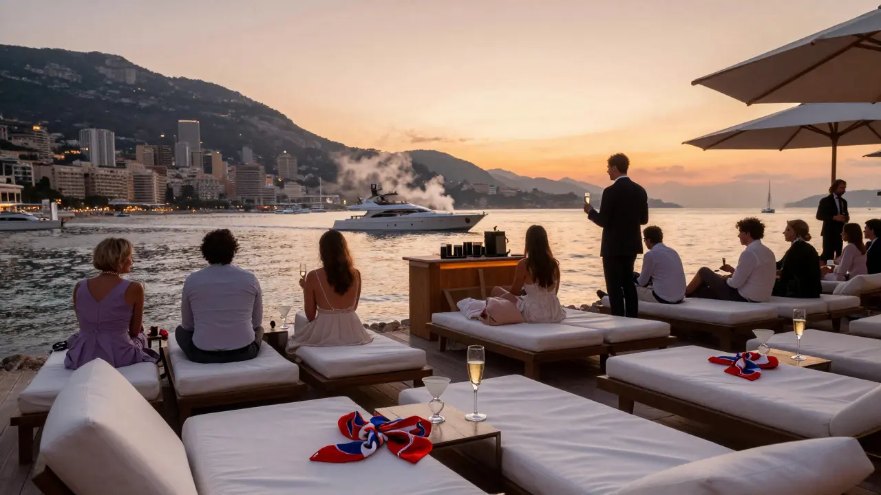 Sunrise at La Réserve beach club as night revelers transition to morning, champagne glasses beside empty loungers.