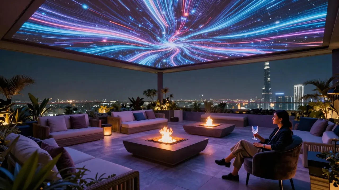Surreal rooftop garden at Reina with fire pits, LED lights, and a solitary guest in a velvet chair under the Dubai skyline.