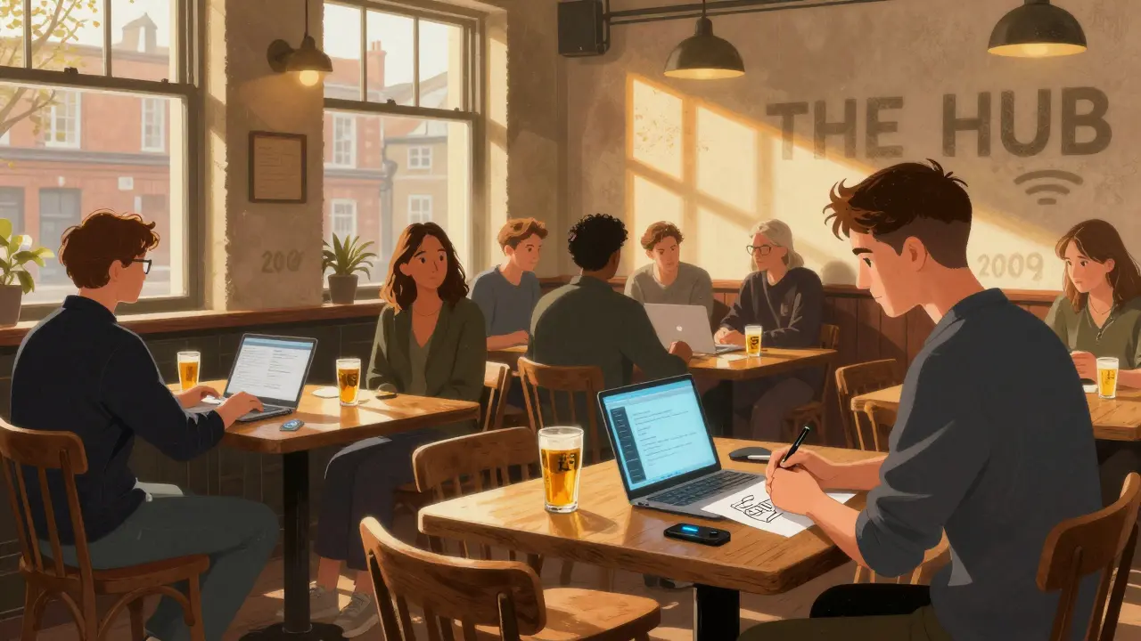 Tech founders and engineers collaborating in a pub with USB ports at tables, one sketching on a napkin.