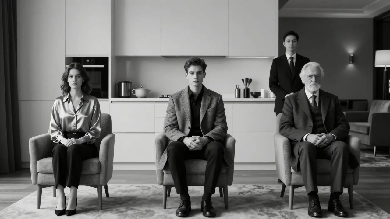 Three discreet companions blend into elegant private settings across Milan, embodying quiet professionalism.