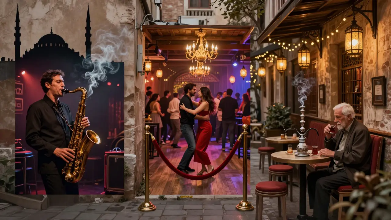Three scenes of Istanbul nightlife: jazz club, upscale dance floor, and quiet hookah lounge.