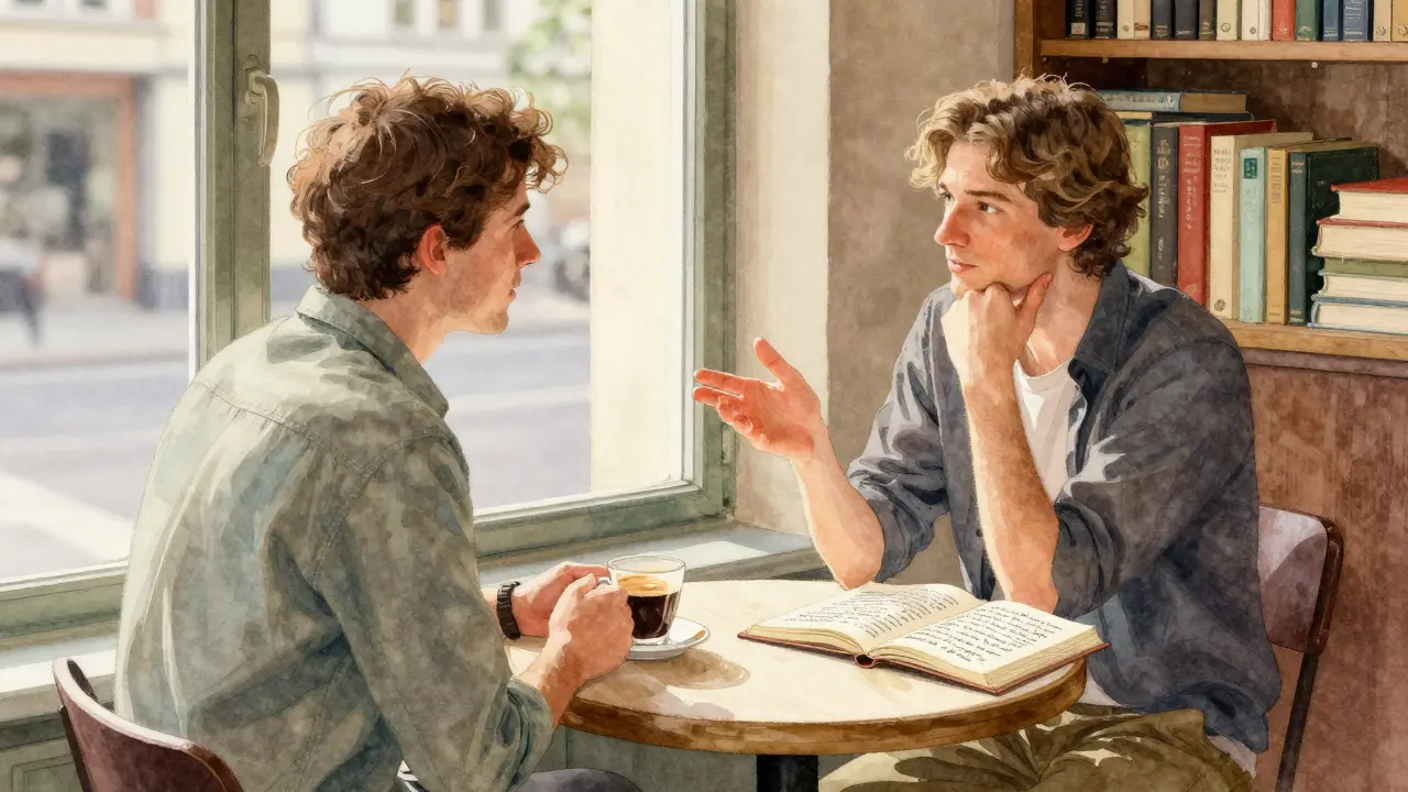 Two individuals conversing over espresso at Café Einstein, surrounded by books and sunlight.