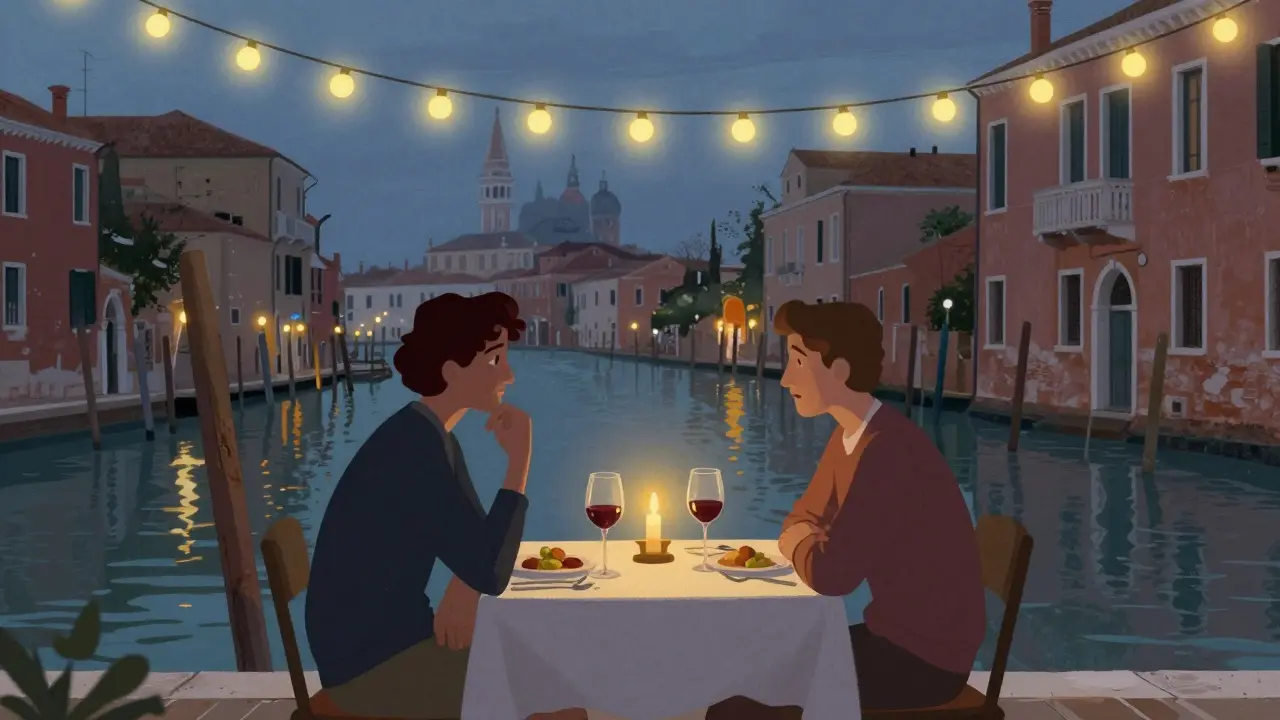 Two people enjoy a quiet dinner by the Navigli canal, illuminated by candlelight and string lights.