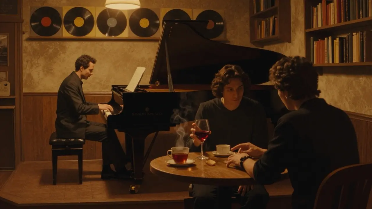 Two people enjoy jazz in a dimly lit Berlin club, connected by silence and music.