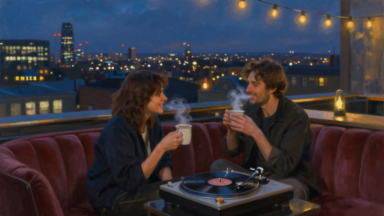 Two people laughing softly on a rooftop bar as London glows behind them at twilight.