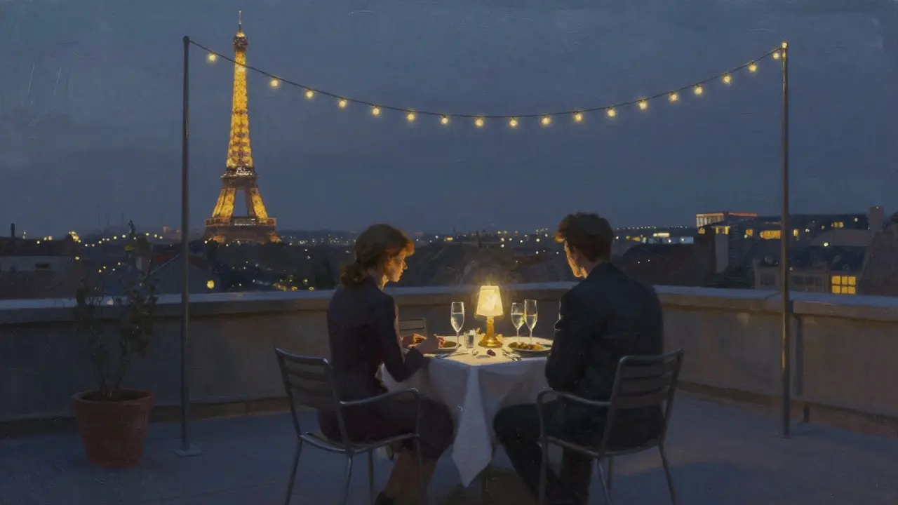 Two people on a rooftop at twilight, Eiffel Tower sparkling in distance, champagne flute catching fading light.