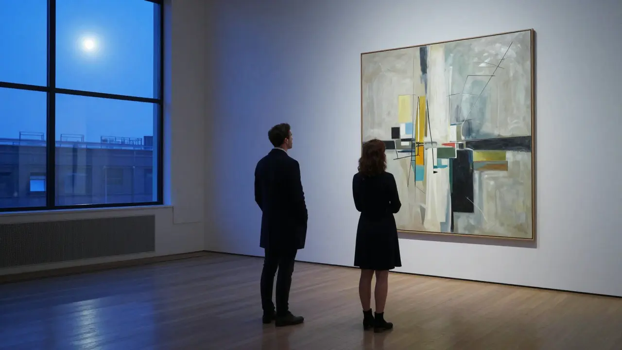 Two people silently appreciating art in an empty Tate Modern gallery after hours.
