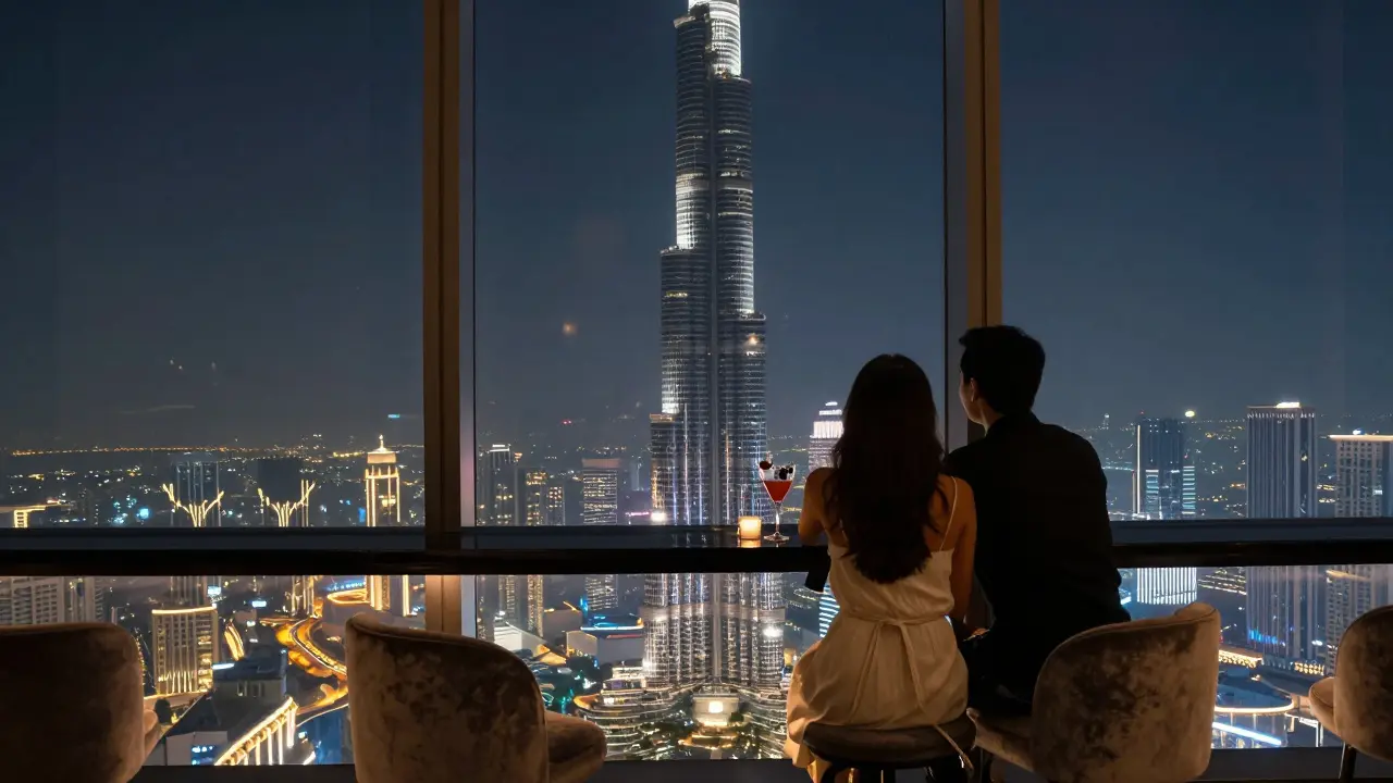 Two people silhouetted against Dubai’s skyline with the Burj Khalifa glowing in the night.