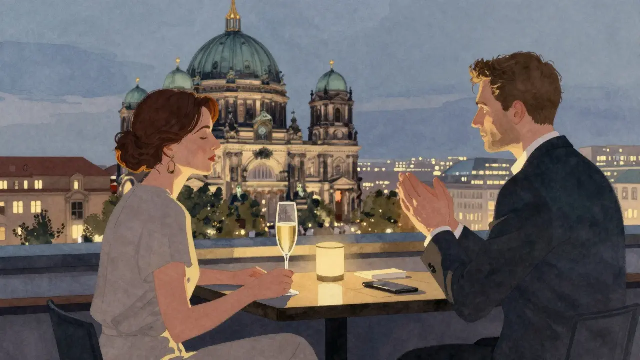 Two people sit on a rooftop bar at dusk in Berlin, overlooking the cathedral, sharing quiet conversation.