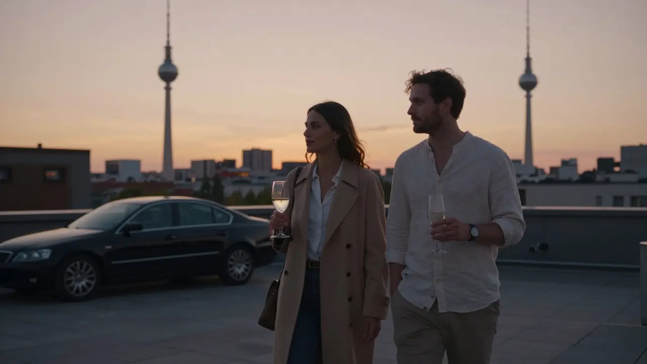 Two people walking on a rooftop at sunset, overlooking Berlin's TV Tower with sparkling wine.
