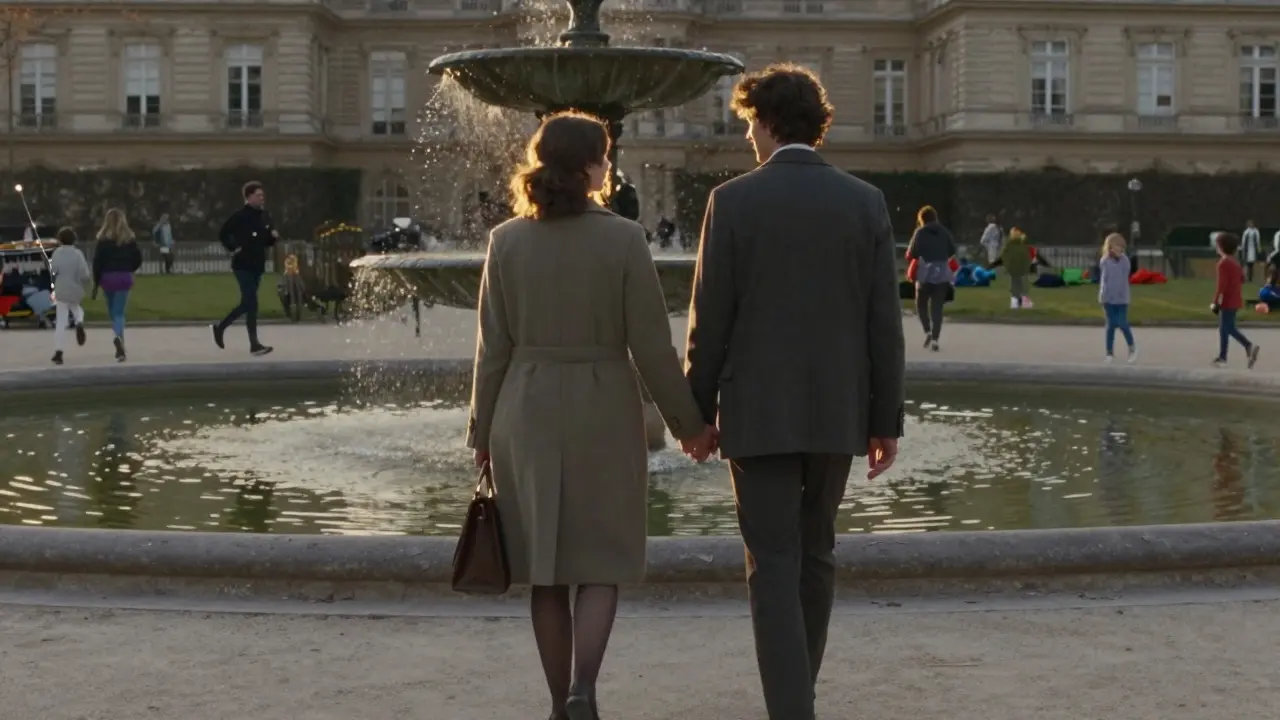 Two people walking peacefully through Luxembourg Gardens at dusk, hand in hand, surrounded by soft golden light.