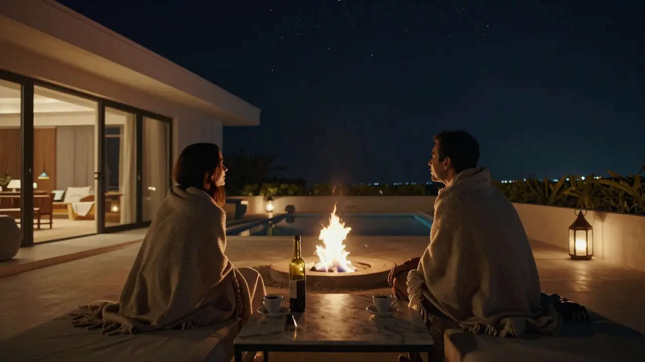Two people wrapped in a blanket under the stars on a private villa terrace, firelight glowing softly.