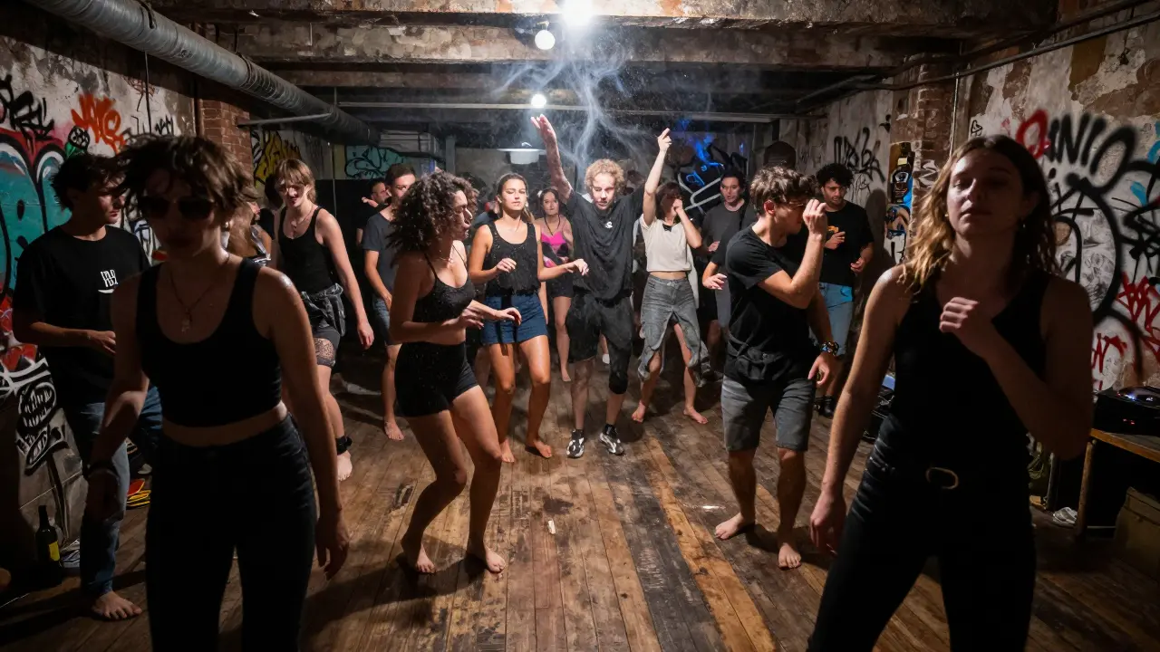 Underground club with pulsing lights and dancers on dusty floor, industrial walls and raw atmosphere in Milan's Lambrate district.