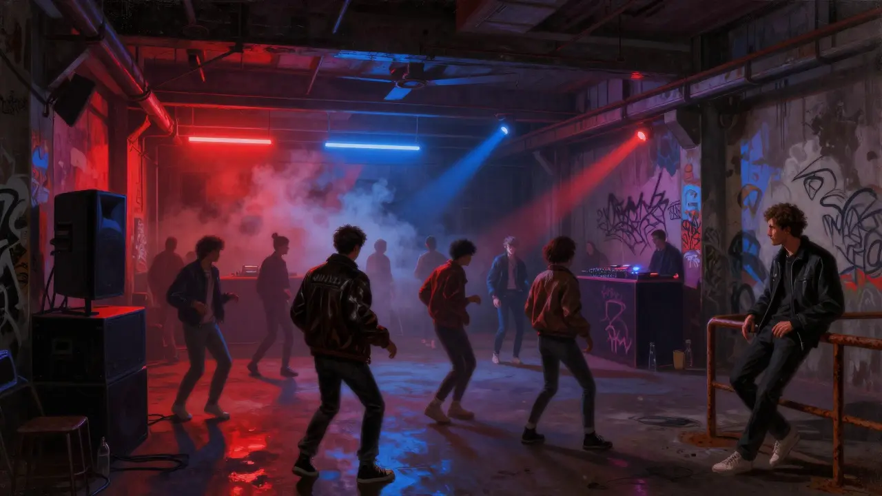 Underground techno club in Porta Ticinese with glowing neon lights and dancers in industrial setting.