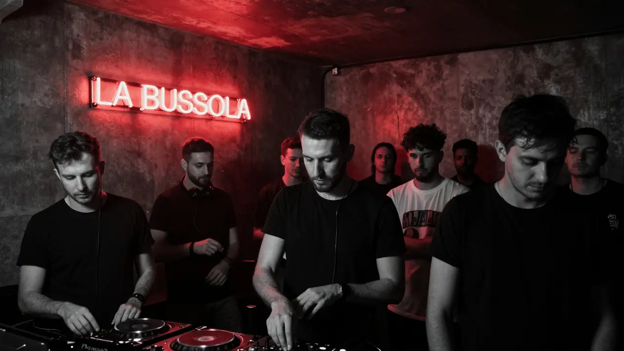 Underground techno club La Bussola with dim neon lighting and intense crowd immersed in music.