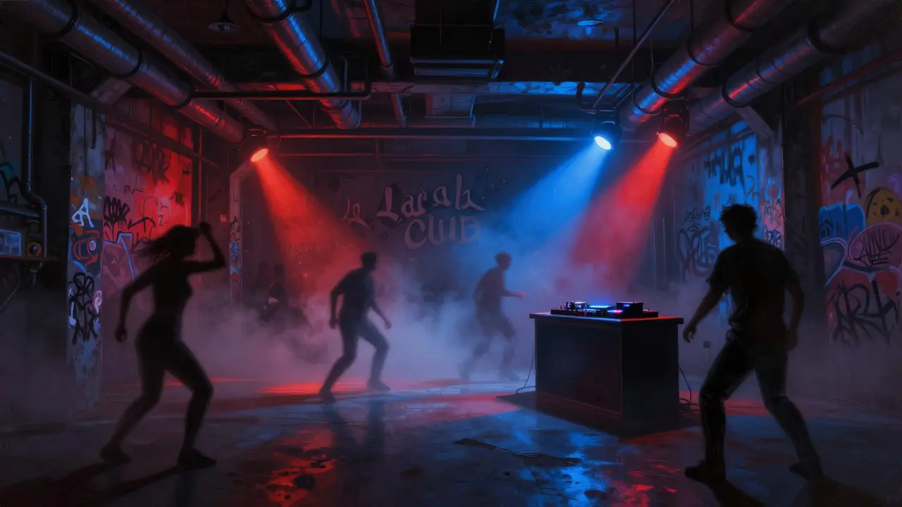 Underground techno club with dancers in foggy warehouse under pulsing colored lights.