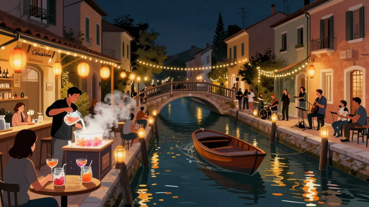 Vibrant Navigli canal side with people drinking cocktails under string lights and lanterns.