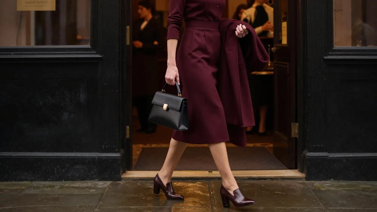 Woman entering a high-end bar in Chelsea wearing a burgundy dress and tailored trousers, understated and refined.